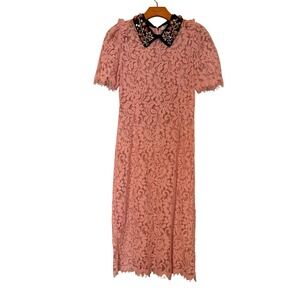French Fancy Apropos Pink Lace Beaded Collar‎ Puff Sleeve Midi Dress Women XS